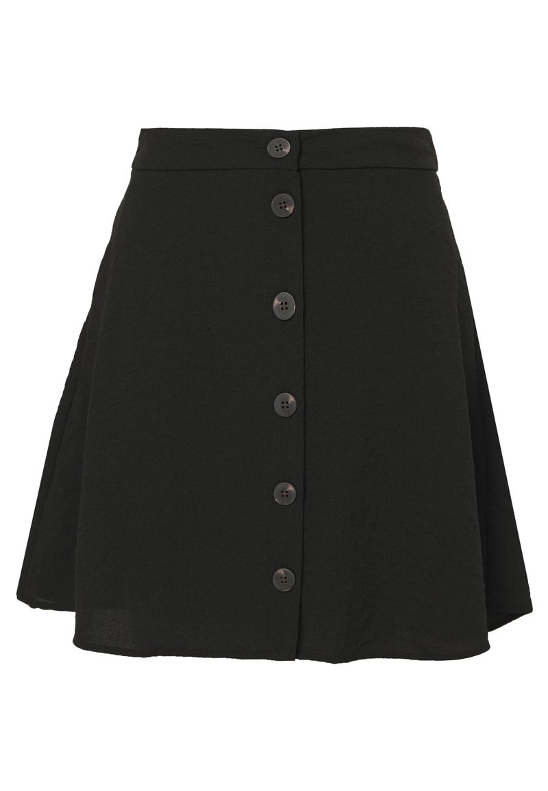 Falda negra de corte en línea A hecha de tela texturizada, con una pretina y seis botones frontales, y un dobladillo acampanado para un ajuste cómodo.