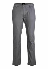 Pantalones de algodón grises con un diseño de pierna recta, que cuentan con un cierre de botón, presillas para cinturón y detalles de costura sutiles. Textura suave.