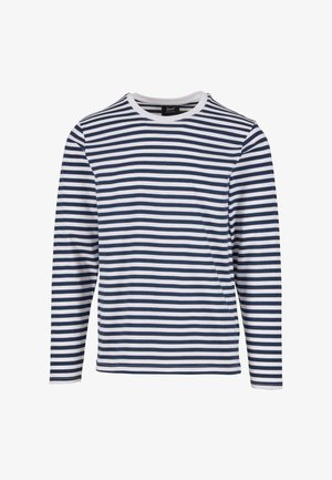 Dlhý rukáv košele s horizontálnym prúžkovaným vzorom v námorníckej modrej a bielej farbe, s okrúhlym výstrihom a mäkkou, ľahkou tkaninou.