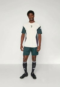 Atletiktrøje i lys grå med mørkegrønne og lilla accenter, parret med mørkegrønne shorts og sorte sokker med hvide striber og sko.