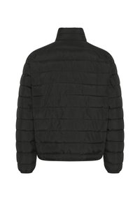 Black padded jacket with a high collar, featuring horizontal stitch patterns and elastic cuffs. Lightweight material for insulation.