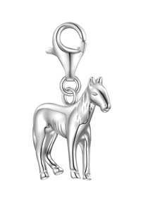 Silver hästberlock med detaljerade funktioner inklusive en slät kropp, väldefinierad ansiktsstruktur och en krok för fäste.
