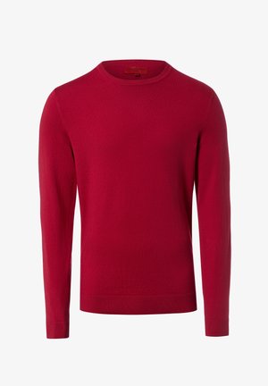 Pull rouge à col rond en tissu doux. Il comporte des manches longues et des poignets côtelés, avec une texture lisse et une coupe classique.