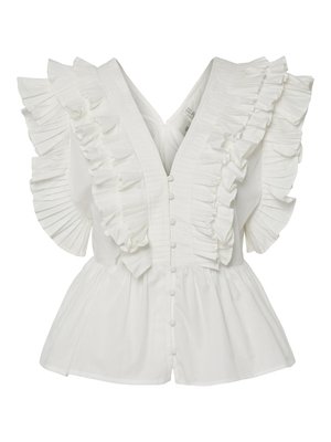 White blouse featuring a V-neck, ruffled sleeves with pleats, and a button-front closure. Flared hem adds volume and contrast.