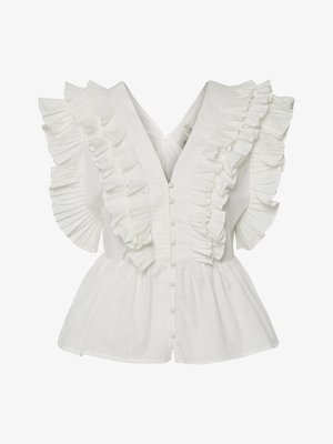 White blouse featuring a V-neck, ruffled sleeves with pleats, and a button-front closure. Flared hem adds volume and contrast.