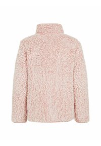 Fleecejacke in Hellrosa, mit hohem Kragen, langen Ärmeln, weichem Material und lockerer Passform. Keine sichtbaren Beschläge oder Akzente.