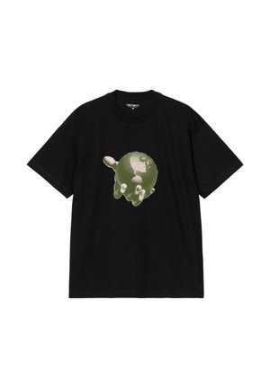 Camiseta de algodón negra con un diseño gráfico de un globo terráqueo verde sostenido por una mano, con mangas cortas y cuello redondo.