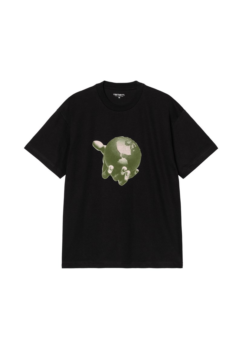 Camiseta de algodón negra con un diseño gráfico de un globo terráqueo verde sostenido por una mano, con mangas cortas y cuello redondo.