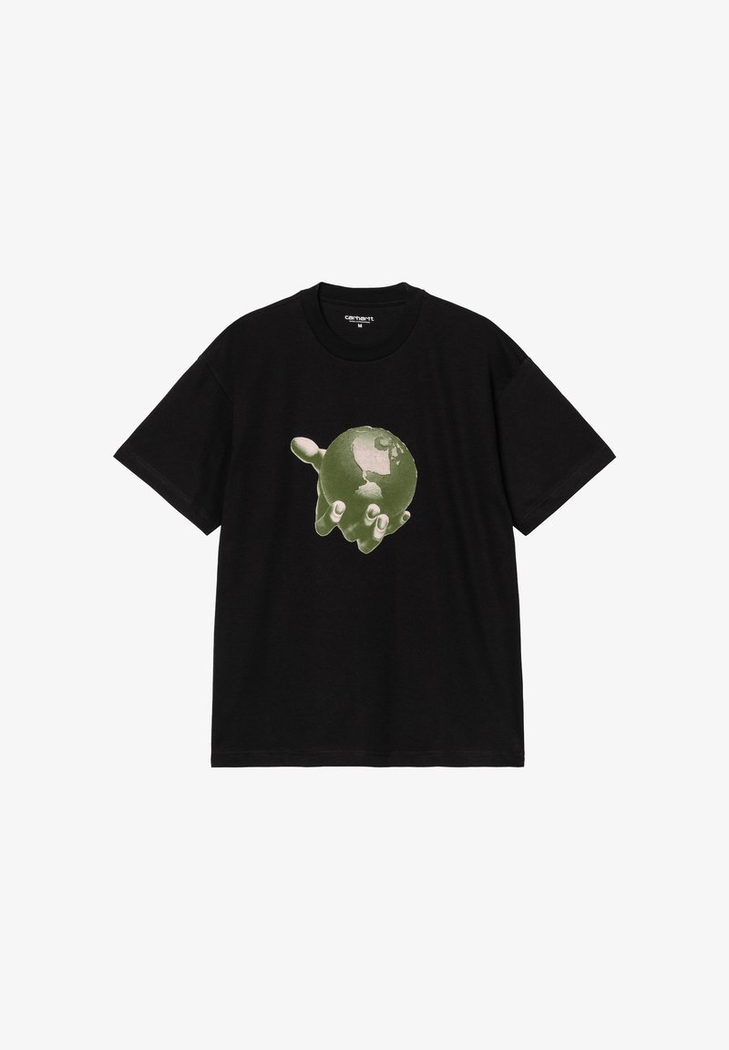 Sort bomulds T-shirt med et grafisk design af en grøn globe, der holdes af en hånd, med korte ærmer og rund halsudskæring.