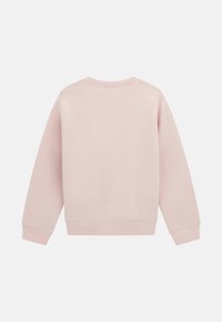 Sudadera rosa con cuello redondo, hombros caídos y puños acanalados. La tela tiene una textura suave con detalles de costura mínimos.