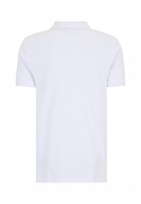 Valkoinen lyhythihainen polo-paita, jossa on klassinen kaulus, sileä kangas eikä näkyviä logoja tai kuvioita. Näyttää takaa.