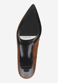 Brown suede high-heeled shoe with a pointed toe, black sole, and silver branding. Smooth texture on the upper, showcasing simple design.