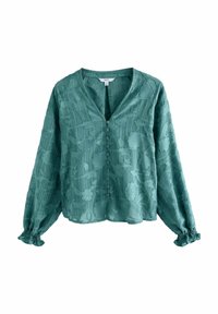 Vaalean teal-pusero, jossa on pitkät, volyymikkaat hihat, kukkakirjailu ja V-mallinen kaula-aukko. Edessä napitus ja rypytetyt hihansuut.