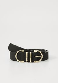 Ceinture en cuir noir au design élégant, dotée d'une boucle circulaire en ton or et de trois rainures horizontales comme accents notables.