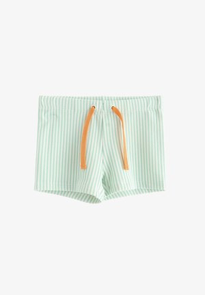 Stribede badetights i mintgrøn og hvid, med et tekstureret stof, elastisk talje og orange snor til justering.