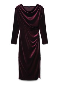 Langärmliges Midi-Kleid aus dunklem burgunderfarbenem Samt mit Drapée-Ausschnitt und gerafftem Detail an der Taille, seitlichem Schlitz am Saum.