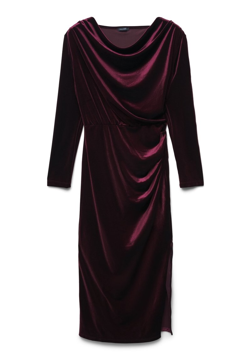 Langärmliges Midi-Kleid aus dunklem burgunderfarbenem Samt mit Drapée-Ausschnitt und gerafftem Detail an der Taille, seitlichem Schlitz am Saum.