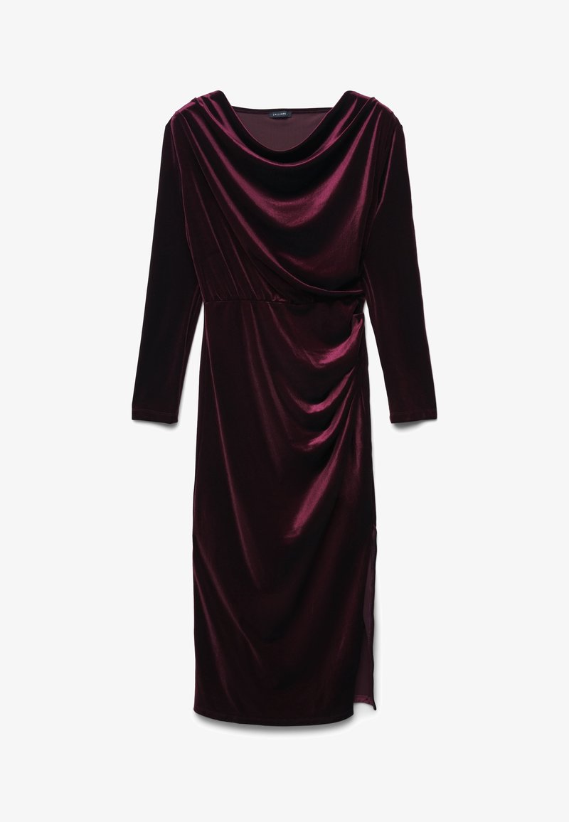 Langärmliges Midi-Kleid aus dunklem burgunderfarbenem Samt mit Drapée-Ausschnitt und gerafftem Detail an der Taille, seitlichem Schlitz am Saum.