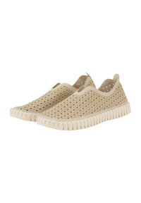 Beige instapschoenen met een geweven bovenwerk met textuur en een rubberen zool met groeven. Ontworpen voor ademend vermogen met kleine perforaties.