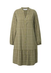 Olivegrünes kariertes Kleid mit V-Ausschnitt, langen puffigen Ärmeln, Knopfleiste und gestuftem Saum. Aus leichtem Stoff gefertigt.