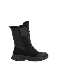 Schwarze Winterstiefel mit einer Kombination aus glatten und strukturierten Materialien, Reißverschluss, Schnürdetails und einer dicken, robusten Sohle.