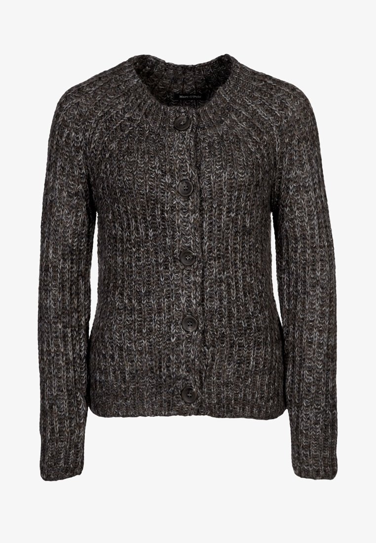 Cardigan gris foncé en grosse maille avec manches longues et cinq boutons noirs sur le devant, doté d'un col rond.
