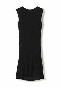 Čierne šaty bez rukávov vyrobené z textúrovanej látky, s okrúhlym výstrihom a rozšíreným lemom. Jednoduchý, priliehavý strih.