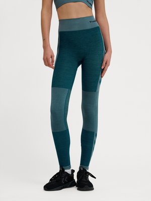Kvinde iført teal og grå høj-taljede leggings og matchende sports-bh, kombineret med sorte sportssko, stående mod en hvid baggrund.