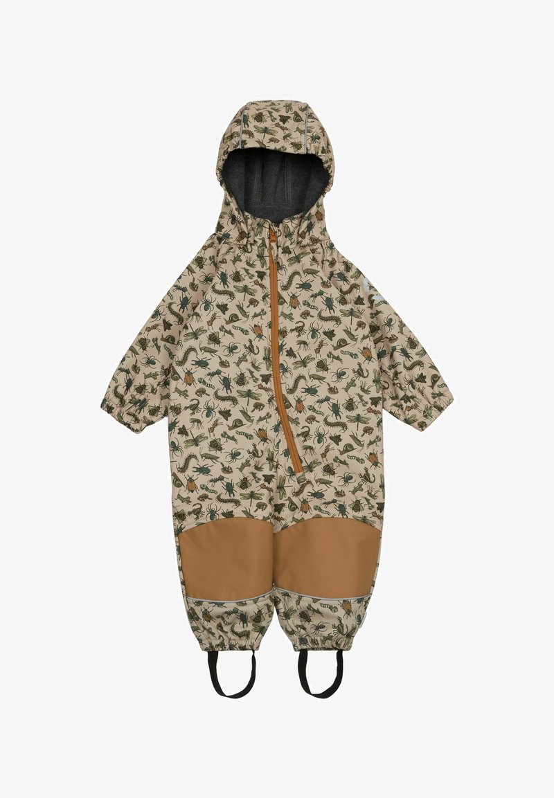 Child's waterproof jumpsuit in beige with a colorful animal pattern. Features a hood, front zipper, and brown accents at the bottom.