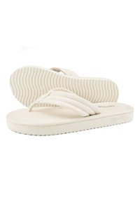 White flip-flops with a smooth surface, textured sole, and two wide straps. Logo positioned on the side of the footbed. Casual design.