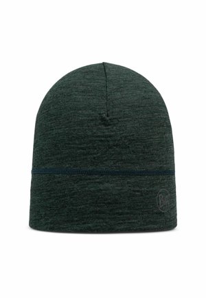 Dark green knit beanie hat with a smooth texture, rounded top, and a decorative blue seam band. Logo visible at the side.