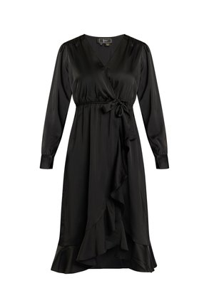 Zwarte satijnen wikkeljurk met lange mouwen, V-hals, elastische taille en een ruches aan de onderkant. Kenmerkt een strikaccent bij de taille voor aanpassing.