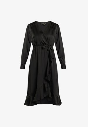 Zwarte satijnen wikkeljurk met lange mouwen, V-hals, elastische taille en een ruches aan de onderkant. Kenmerkt een strikaccent bij de taille voor aanpassing.