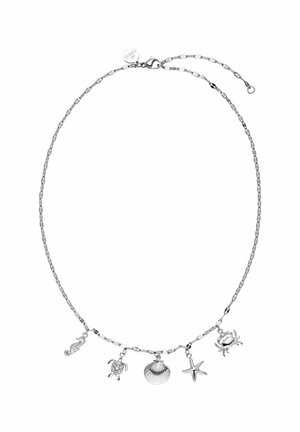 Silberne Kettenhalskette mit maritimen Charms: Seepferdchen, Schildkröte, Muschel, Seestern und Krabbe, mit einem Karabinerverschluss.