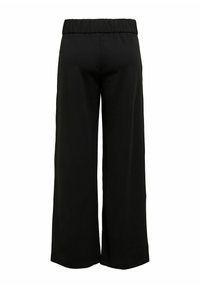 Černé široké kalhoty s elastickým pasem, zobrazené zepředu na jednobarevném bílém pozadí.