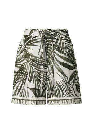 Białe szorty z zielonym, tropikalnym nadrukiem palmowych liści, elastycznym pasem i sznurkiem do wiązania z przodu.