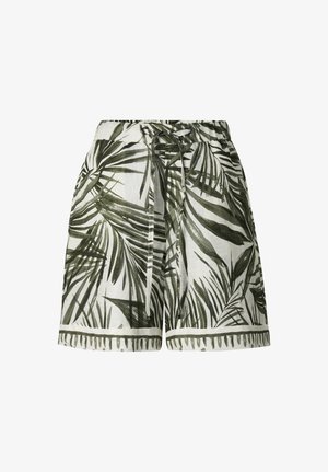 Białe szorty z zielonym, tropikalnym nadrukiem palmowych liści, elastycznym pasem i sznurkiem do wiązania z przodu.