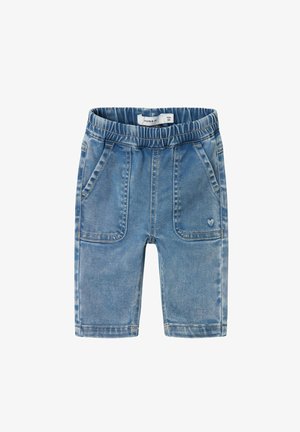 Lichte blauwe denim shorts met een elastische tailleband, twee voorzakken en een klein hartlogo op de linkerkant.