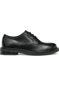 Chaussures habillées en cuir noir avec un bout arrondi, design à lacets et texture lisse. Dotées d'un petit talon et d'un détail de couture contrastant.