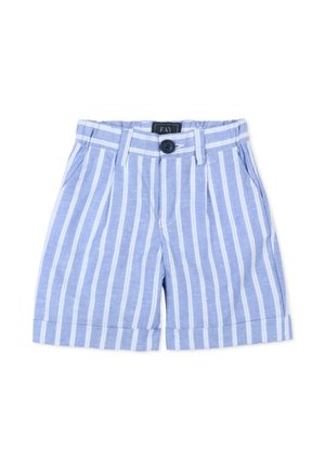 Jasnoniebieskie i białe krótkie spodenki w pionowe paski z zapięciem na guzik, szlufkami na pasek, przednimi kieszeniami i podwiniętymi nogawkami.