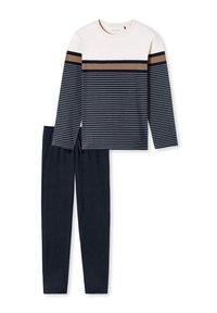 Gestreiftes Langarmoberteil in Marineblau und Weiß mit braunen Akzenten, kombiniert mit einfarbigen marineblauen Hosen aus weichem, dehnbarem Material.