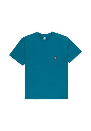 Teal short-sleeve t-shirt with a round neck and a small chest pocket featuring a black and white logo patch.