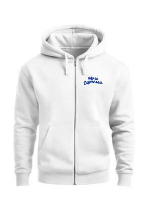 Weiße Zip-Hoodie aus weichem Material, mit einer Kapuze zum Verstellen, zwei Fronttaschen und einem blauen "More Espresso"-Logo auf der Brust.