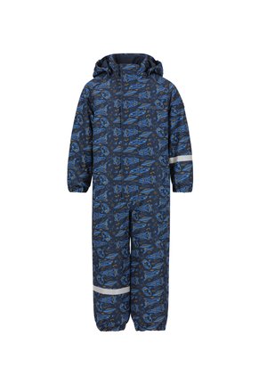 Salopette imperméable bleu à motifs avec un design d'avion, poignets élastiques et une bande réfléchissante autour des jambes inférieures. Avec capuche et manches longues.