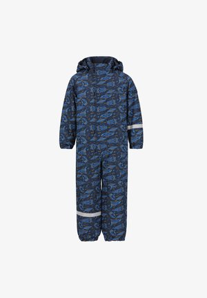 Salopette imperméable bleu à motifs avec un design d'avion, poignets élastiques et une bande réfléchissante autour des jambes inférieures. Avec capuche et manches longues.