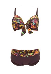 Ensemble de bikini couleur brun foncé avec un motif paisley coloré. Le haut présente des bonnets rembourrés et un lien central ; le bas a un design assorti au niveau de la ceinture.