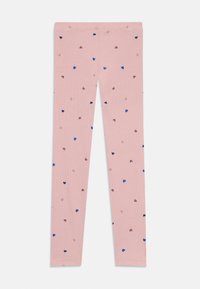 Hellrosa Kinderleggings mit verstreuten kleinen Herzmustern in Marineblau, Braun und Hellrosa.