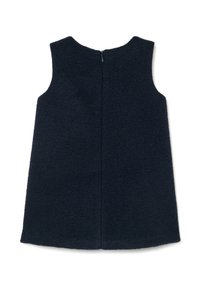 Marineblauwe jurk van een textuurstof, zonder mouwen, met een ritssluiting aan de achterkant. Heeft een rechte snit en een nette zoom.