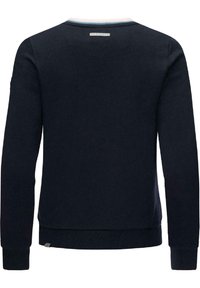 Námořnická modrá mikina s dlouhým rukávem a žebrovanými manžetami a lemem, zobrazená ze zadního pohledu s malou visačkou poblíž výstřihu.