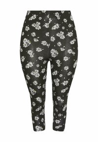Zwarte leggings met hoge taille, bedrukt met witte madeliefjes met gele kern, boven de enkels afgeknipt.